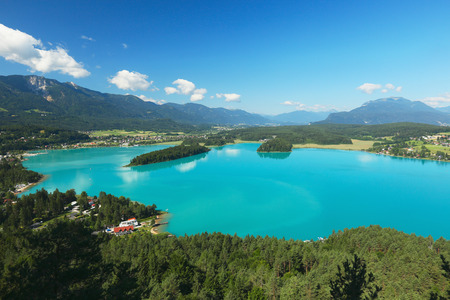 View of Alpine lake Faaker See in Carinthia, Austriaの写真素材