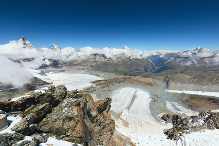 View from Klein Matterhorn to Zermatt valley, Valais, Switzerlandの写真素材