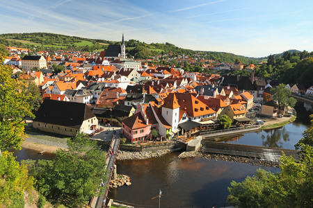 Panorama of the old town of Cesky Krumlov, Czech Republicの写真素材