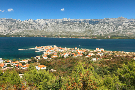 Aerial view of the town of Vinjerac and Velebit mountain, Dalmatia, Croatiaの写真素材