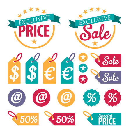 Set of colorful retail stickers and ribbons. Discount sale badge concept.のイラスト素材
