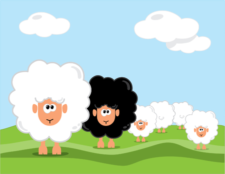White sheep with one black sheep in a flock on a fieldのイラスト素材