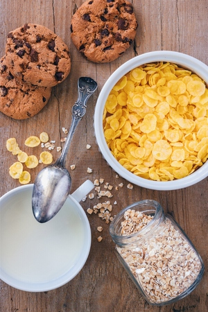 Retro style breakfast set. Cereals and milk.の写真素材