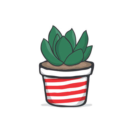 Cactus succulent in a stripped flowerpot. Succulent in pot. Regular cacti succulent. Hygge lifestyle vector collection.のイラスト素材