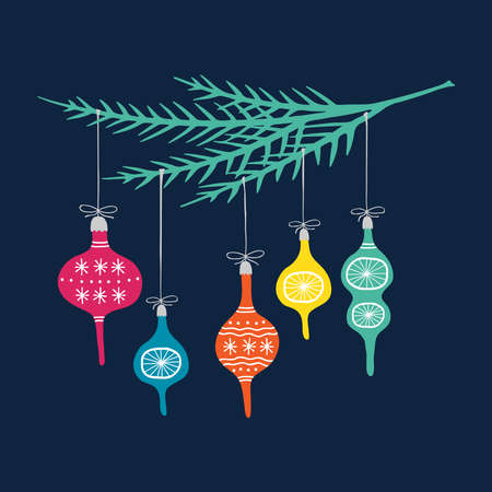 Christmas ornaments and decoration hanging from a pine branch. Holiday spirit and celebration. Winter holiday festive decor. Hygge lifestyle.のイラスト素材