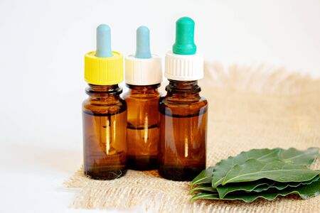 Tea tree essential oil in a small bottle. Selective focus.natureの写真素材