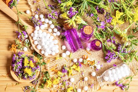 Homeopathy, herbs and their extracts. Selective focus.の写真素材