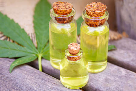 Cannabis essential oil in a small bottle. Selective focus. nature.の写真素材