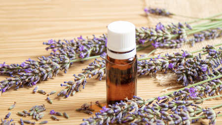 Lavender essential oil in a small bottle. Selective focus. nature.の写真素材