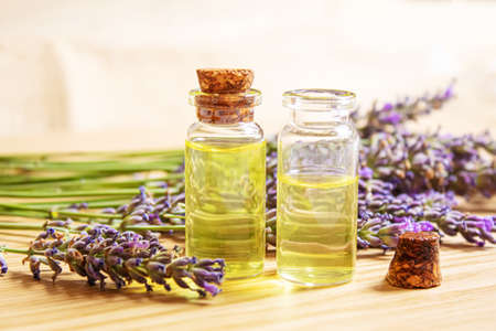 Lavender essential oil in a small bottle. Selective focus. nature.の写真素材