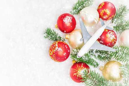 Travel for Christmas. Airplane with Christmas decor. Selective focus.Holidayの写真素材