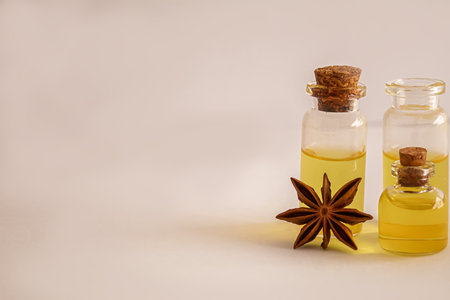 Christmas essential oil in a small jar. Selective focus.natureの写真素材