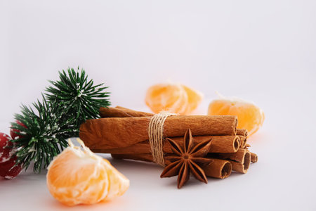 Christmas background with tangerines. Selective focus. Christmas card.holidaysの写真素材