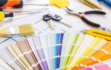 home improvement and renovation concept - construction tools and items. selective focus.interiorsの写真素材