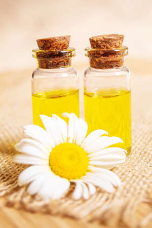 chamomile extract in small shoes on burlap. selective focus.natureの写真素材