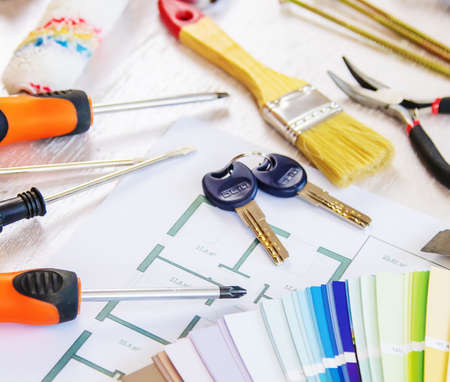 home improvement and renovation concept - construction tools and items. selective focus.interiors