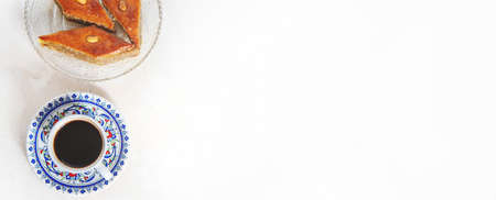 Turkish coffee and baklava on a light background. Selective focus. nature.の写真素材