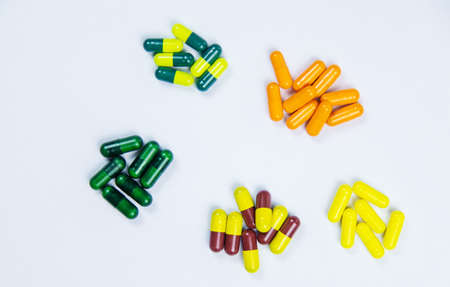 multicolored pills and medicines capsules omega 3 selective focus, medicalの写真素材