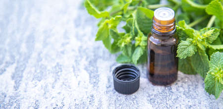 Peppermint essential oil in a small bottle. Selective focus. nature.の写真素材