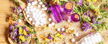 Homeopathy, herbs and their extracts. Selective focus.