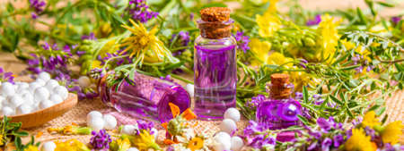 Homeopathy, herbs and their extracts. Selective focus.