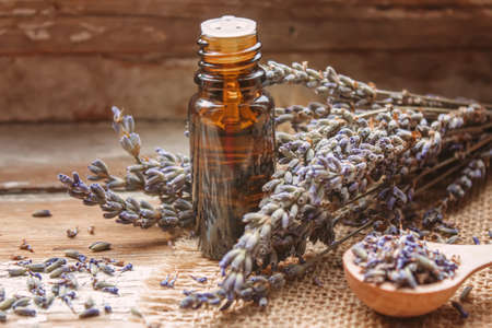 Lavender essential oil in a small bottle.selective focus.natureの写真素材
