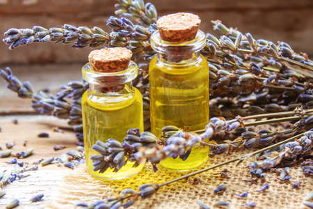 Lavender essential oil in a small bottle.selective focus.natureの写真素材