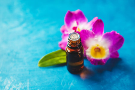 Flowers and plant extracts in small bottles. Selective focus.natureの写真素材