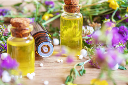 extract St. John's wort in a small jar. Selective focus.natureの写真素材