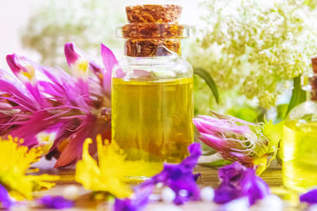 medicinal herbs, oils in small bottles homeopathy. selective focus.natureの写真素材
