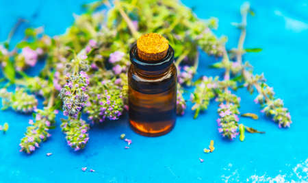 Thyme essential oil in a small bottle. selective focus .natureの写真素材