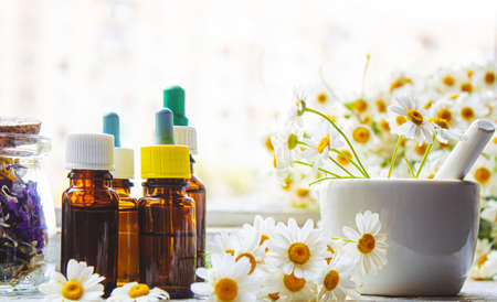 Medicinal herbs in bottles. chamomile oil extract. Selective focus. Nature.の写真素材