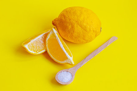 Citric acid on a yellow background. Selective focus.natureの写真素材