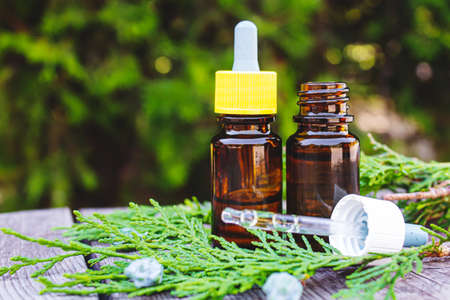 Juniper essential oil in a small bottle. Selective focus. nature.の写真素材