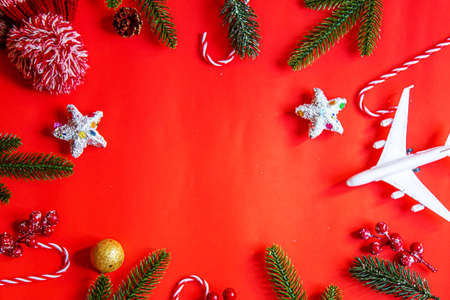Travel for Christmas. Airplane with Christmas decor.New year.Selective focus.holidaysの写真素材