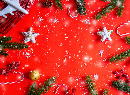 Travel for Christmas. Airplane with Christmas decor.New year.Selective focus.holidaysの写真素材