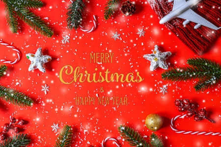 Travel for Christmas. Airplane with Christmas decor.New year.Selective focus.holidaysの写真素材