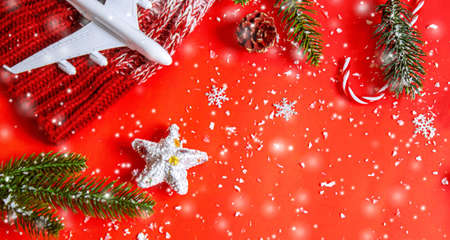 Travel for Christmas. Airplane with Christmas decor.New year.Selective focus.holidays