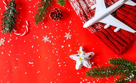 Travel for Christmas. Airplane with Christmas decor.New year.Selective focus.holidaysの写真素材