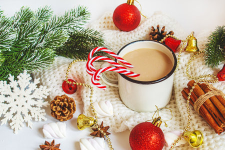 Christmas Cocoa with marshmallows. neweyar Holiday. Selective focus.foodの写真素材