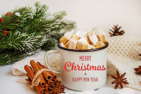 Christmas Cocoa with marshmallows. neweyar Holiday. Selective focus.foodの写真素材