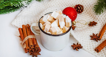 Christmas Cocoa with marshmallows. neweyar Holiday. Selective focus.foodの写真素材