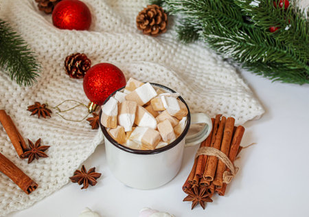 Christmas Cocoa with marshmallows. neweyar Holiday. Selective focus.foodの写真素材