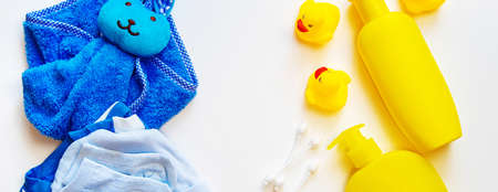 Baby bathing accessories on a white background. Selective focus.objektの写真素材