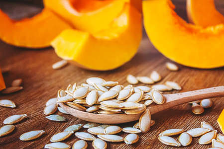 Pumpkin seed oil in a bottle. Selective focus. Nature.の写真素材
