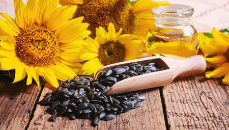 Sunflower seeds and oil bottle on old wooden background. Selective focus.natureの写真素材