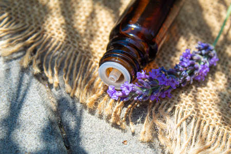 Lavender essential oil in a small bottle. Selective focus.natureの写真素材