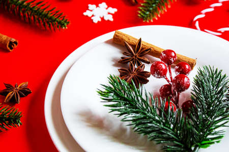 Christmas table. Holiday dinner concept. Selective focus holidaysの写真素材