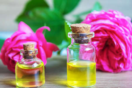 tea rose oil in a small bottle. selective focus.natureの写真素材