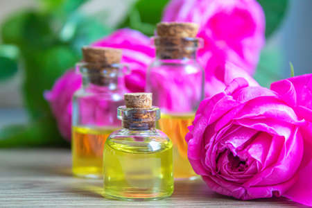 tea rose oil in a small bottle. selective focus.natureの写真素材
